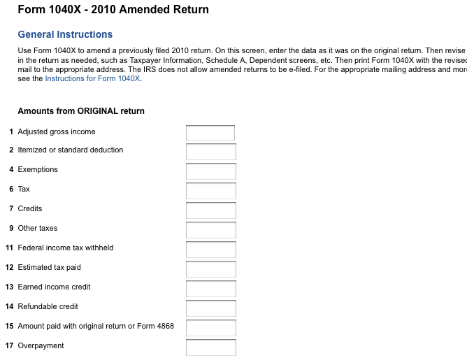 Form 1040X data entry