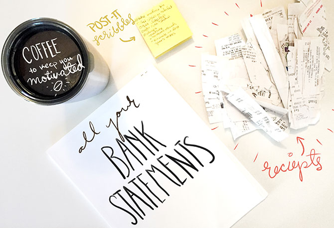 Different kinds self-employment records with hand-lettered labels.