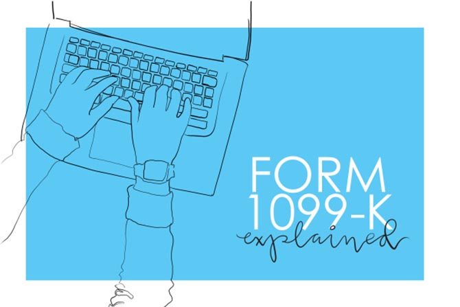 Form 1099-K explained, with illustration of hands at a laptop keyboard