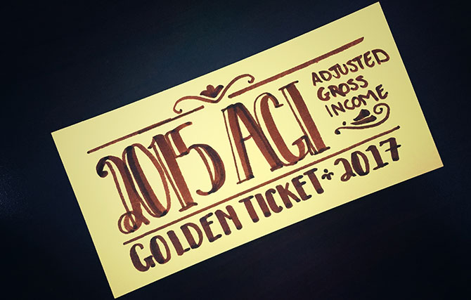 A golden ticket with the words “2015 AGI”
