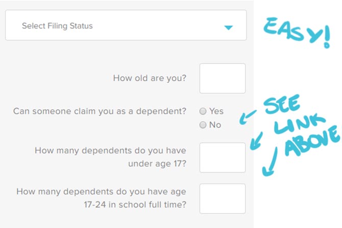   Taxpayer info on 1040.com Tax Refund Calculator 