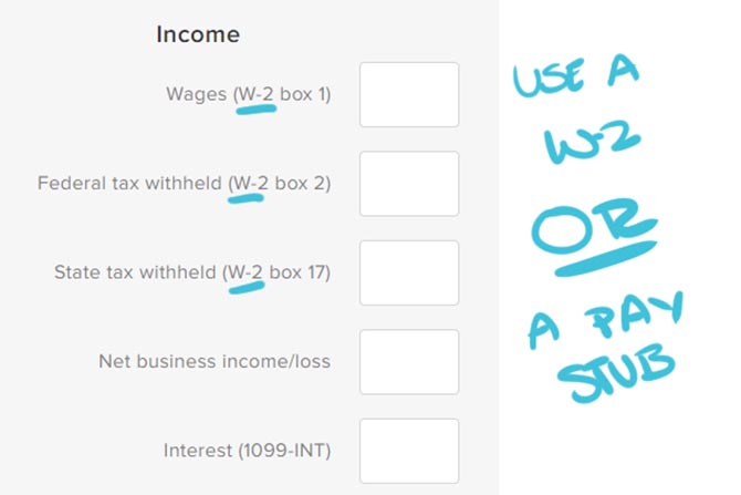  Income info on 1040.com tax estimator app