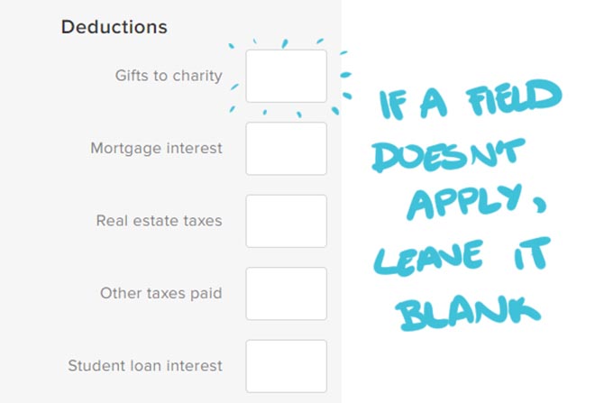  Deductions screen on 1040.com tax refund calculator