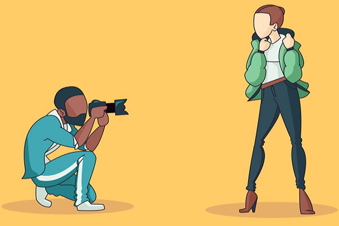 Graphic of a photographer at a shoot with a tall female model