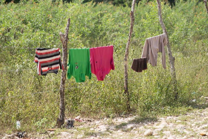 A clothesline swings beside a dirt road in the sunlight