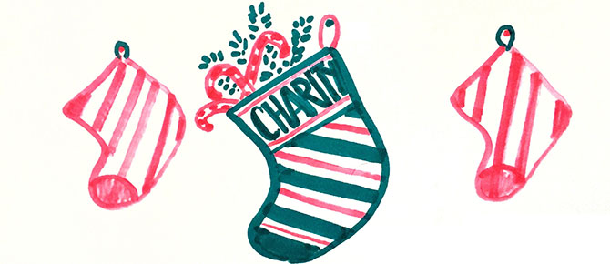 Three hand-drawn stockings hang in a row, with Charity written on the middle one.