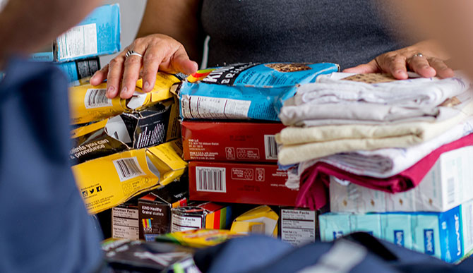 Snacks and food items stacked for charitable donations