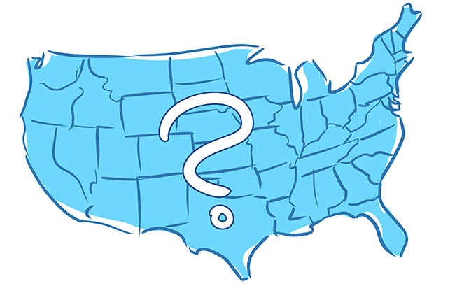 A blue map of the United States with a question mark