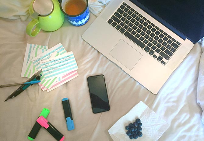 Doing tax break research and eating breakfast in bed