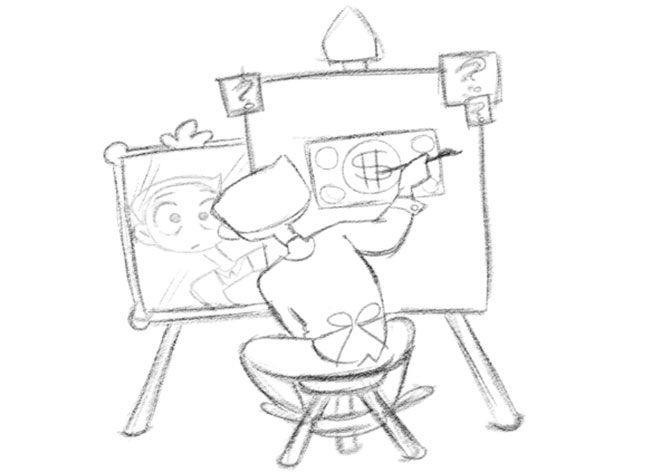 A sketch of a confused artist painting a dollar bill