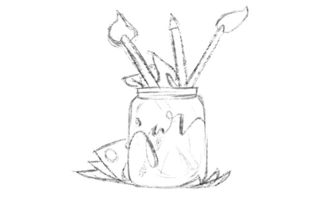 A doodle of a glass jar with brushes and pencils sitting on a stack of dollar bills