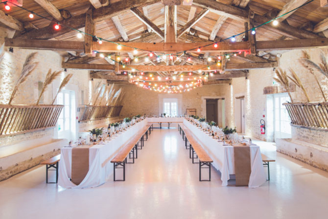 A reception hall ready for the bride, groom and guests.