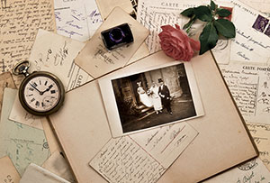 Scattered letters, papers, and love tokens tell a story of the couple’s past.