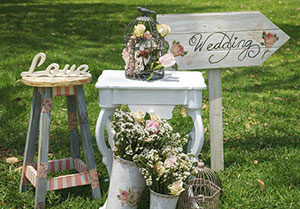 Pastel signs and spring flowers point guests toward the wedding